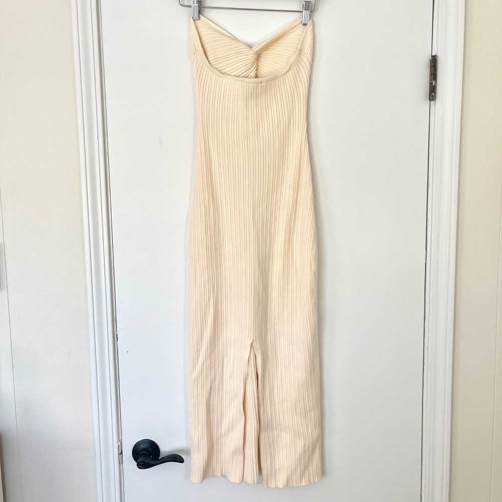 FORE Ribbed Knit‎ Strapless Midi Dress Slit Size Small Cream Twist Front Evening - Picture 4 of 8